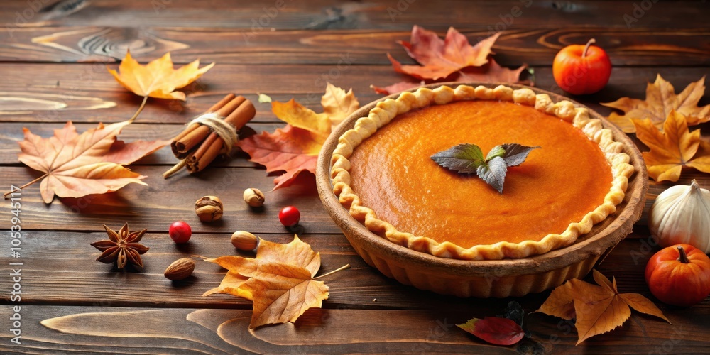 Delicious homemade pumpkin pie served on a rustic wooden table with autumn leaves Delicious homemade pumpkin pie served on a rustic wooden table with autumn leaves