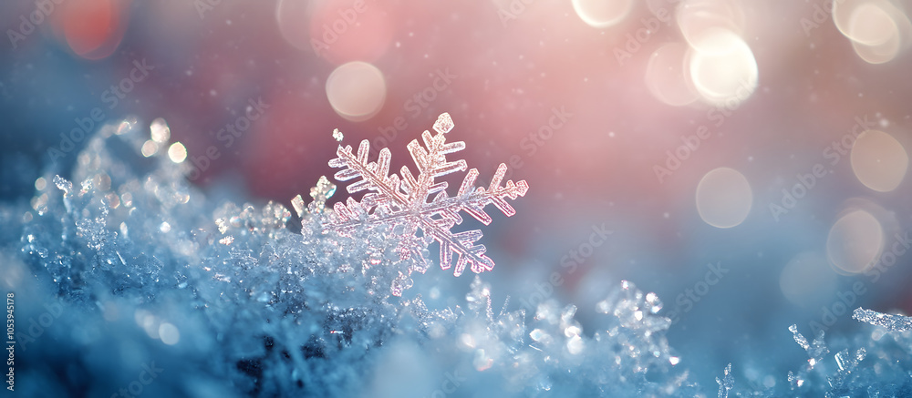 Snowflakes macro, snow bokeh background. Merry Christmas and Happy Holidays greeting card, frame, banner. New Year. Noel. Winter xmas theme.