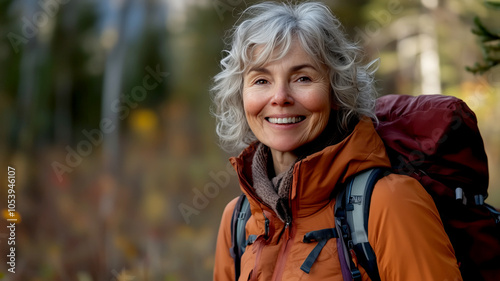 Smiling woman in hiking gear surrounded by autumn foliage