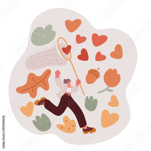 Vector illustration of a woman running with a net, chasing after hearts, likes, and love, symbolizing the pursuit of relationships and affection.