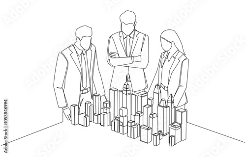Continuous one line drawing of investors discussing real estate construction project model, real estate business concept, single line art.