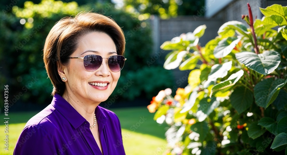 Smiling Middle Aged Asian Woman with Short Hair in Purple Blouse and Sunglasses by a Garden Smiling Middle Aged Asian Woman with Short Hair in Purple Blouse and Sunglasses by a Garden