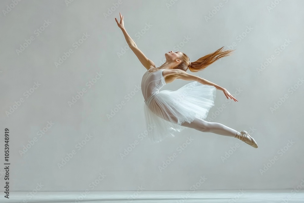 Fototapeta premium Ballerina is gracefully jumping mid air in a dance studio