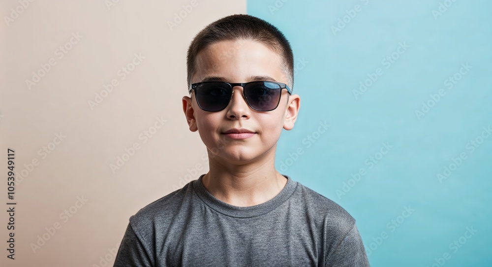 Calm Teen Boy with Buzzed Hair in Gray tshirt and Sunglasses on Pastel Blue Background