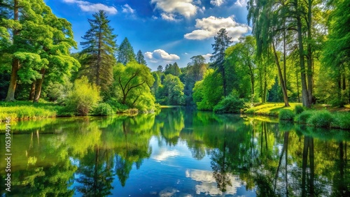 A serene and peaceful pond surrounded by lush greenery and tall trees, reflecting the vibrant colors of the surrounding environment, pond, greenery, reflection