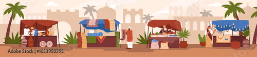 Oriental bazaar vector illustration, Eastern market trade tent with vendors, handmade carpets, jewelry, pottery spices