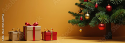 Gifts lie under the Christmas tree on a yellow background, empty space