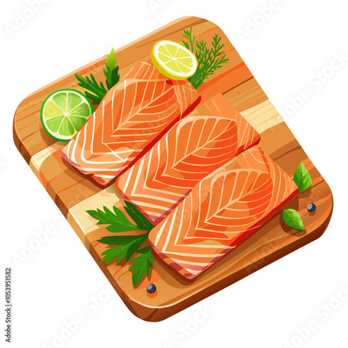 salmon slice vector art, salmon on a cutting board