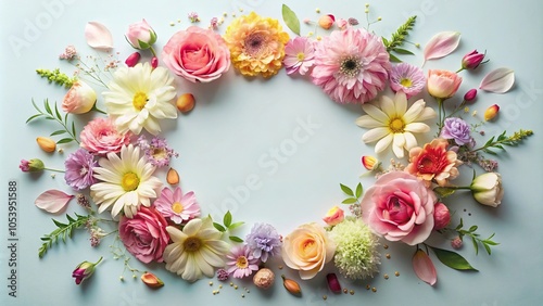 Delicate floral arrangement in a circular frame, with petals of various colors and textures surrounding a central focal point, nature, curved