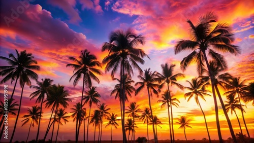 Tropical palm trees silhouette in vibrant sunset with bright pink and orange sky