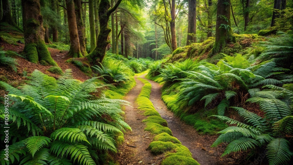 Forest path winding through the dense undergrowth with ferns and moss covering the ground, moss, undergrowth Forest path winding through the dense undergrowth with ferns and moss covering the ground, moss, undergrowth