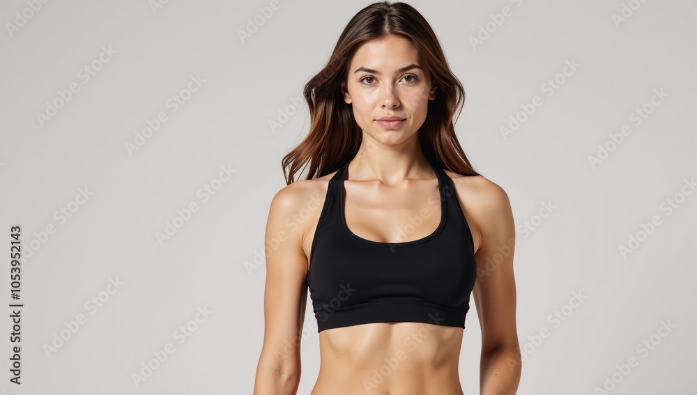 A fitness model is depicted in a sporty pose wearing a sports bra A fitness model is depicted in a sporty pose wearing a sports bra