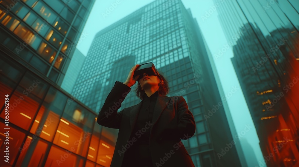 Fototapeta premium beauty business woman in VR glasses. Blurred spectacular background in motion