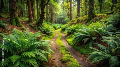 Forest path winding through the dense undergrowth with ferns and moss covering the ground, moss, undergrowth