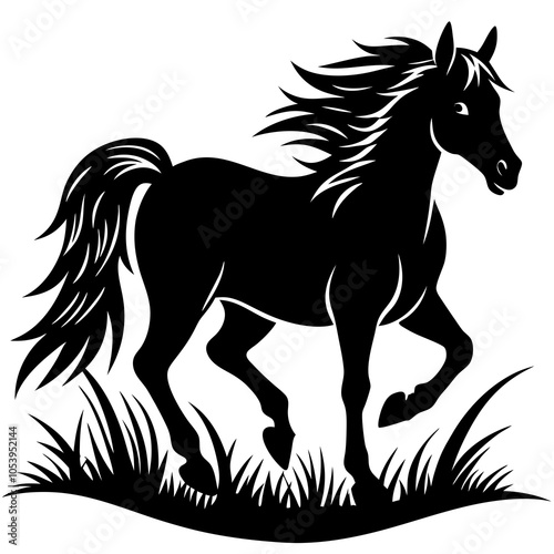 Galloping Horse Silhouette in a Grassy Field on White Background