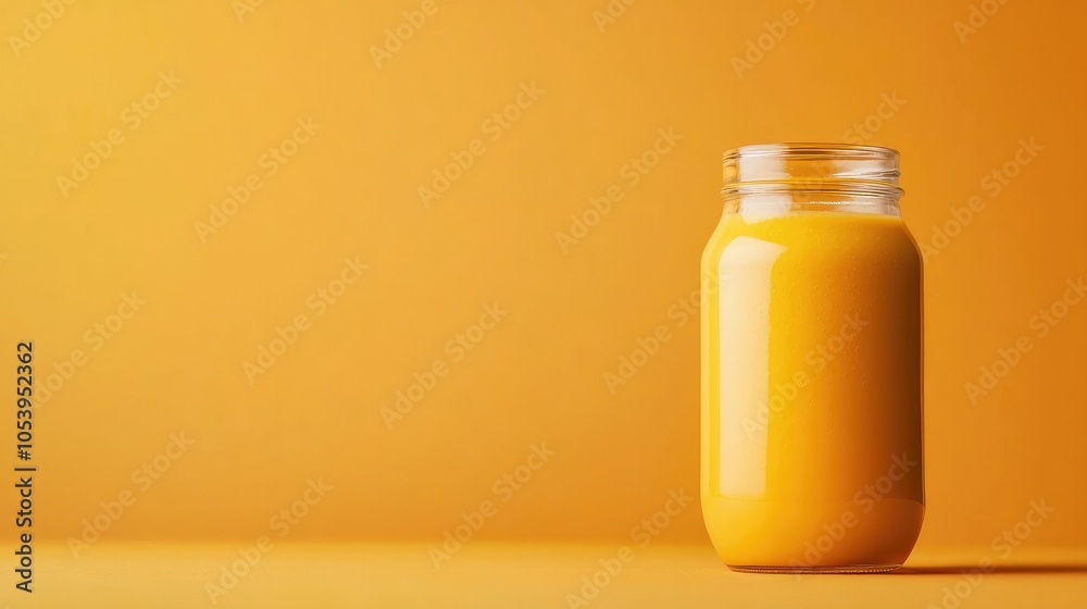 Fresh Mango Smoothie in Glass Jar on Pastel Background Fresh Mango Smoothie in Glass Jar on Pastel Background