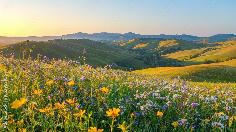 An expansive view of rolling hills covered in vibrant wildflowers during springtime. The foreground features a mix of colorful blossoms swaying gently in the breeze, leading the eye toward the An expansive view of rolling hills covered in vibrant wildflowers during springtime. The foreground features a mix of colorful blossoms swaying gently in the breeze, leading the eye toward the