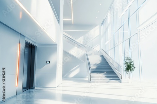 Modern Bright Interior with Staircase and Elevator