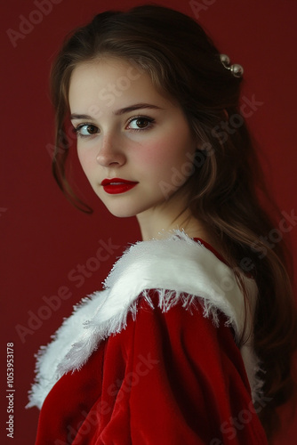 Young beautiful beauty Christmas dress on white background, Christmas beauty wallpaper
