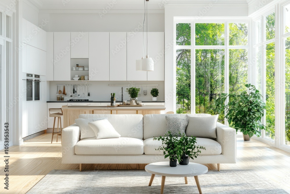 Fototapeta premium Modern Living Room with Natural Light and Greenery