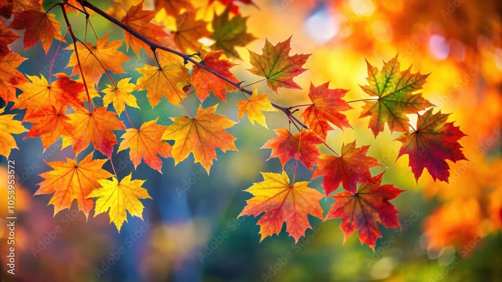 Vibrant autumn maple leaves on tree branch in colorful fall foliage scene Vibrant autumn maple leaves on tree branch in colorful fall foliage scene