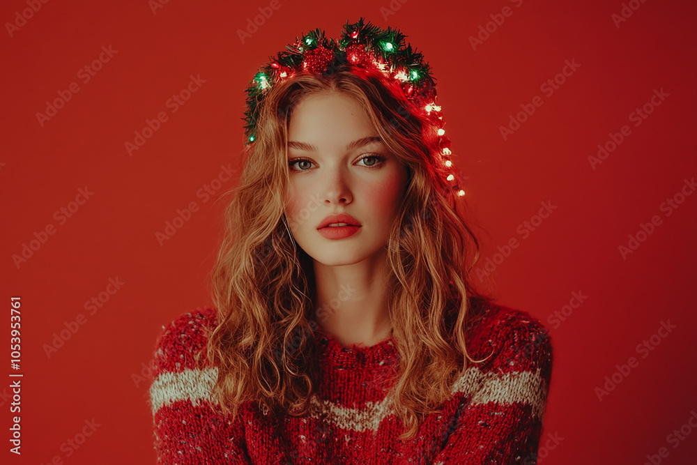 Fototapeta premium Young beautiful beauty Christmas dress on white background, Christmas beauty wallpaper