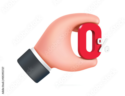 Hand holding  0% red text 3d ,vector 3d isolated on white background cute minimalist style for advertisements about tax promotions or 0% interest reductions,zero percent for business and finance