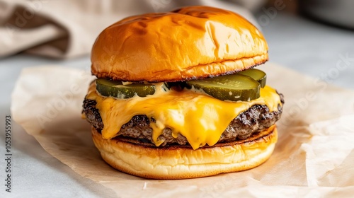 Tapety artystyczne Classic diner burger with American cheese, pickles, toasted brioche bun, retro 1950s style kitchen decor