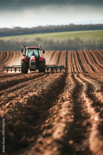 Red tractor is driving through a field of dirt. The tractor is in the middle of the field and is surrounded by dirt. The field is mostly empty, with only a few trees in the background