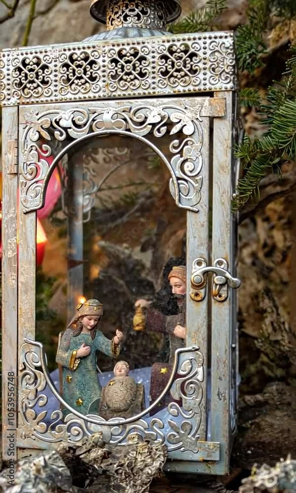 Crèche provençale ancienne dans une lanterne en fer, caméra tournant et zoomant sur les détails, ambiance traditionnelle de Noël décembre