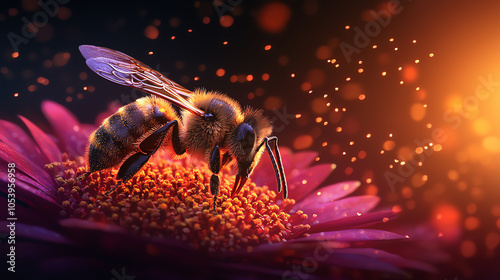 Bee pollinating a flower with vibrant colors, capturing the pollination cycle essential to ecosystems photo