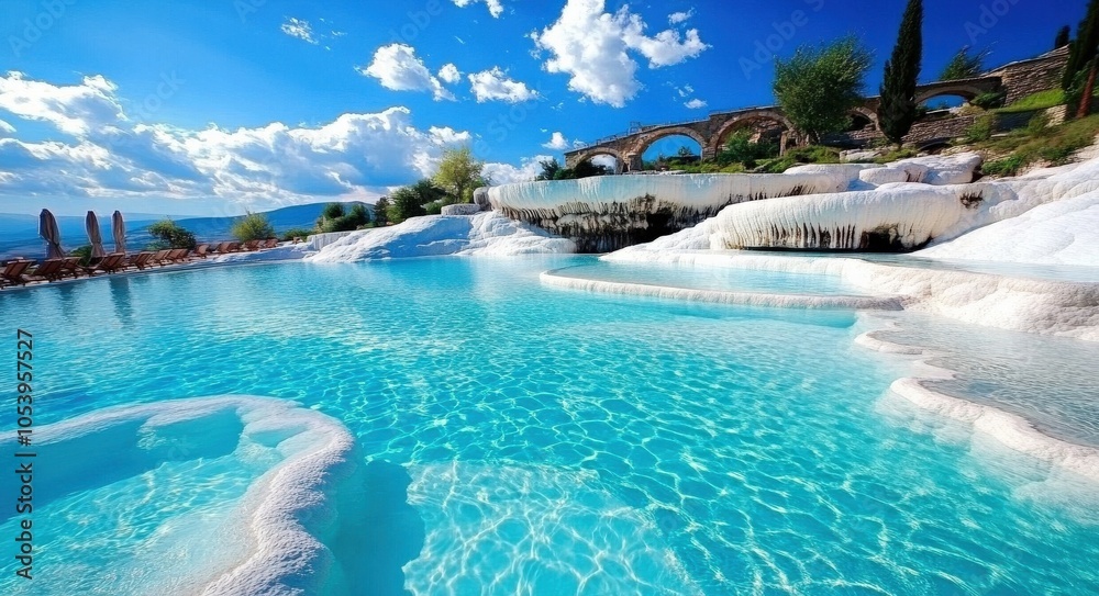 Obraz premium Pamukkale Tour: Travertine Travels in Turkey, Scenic Views with Turquoise and Blue Lakes