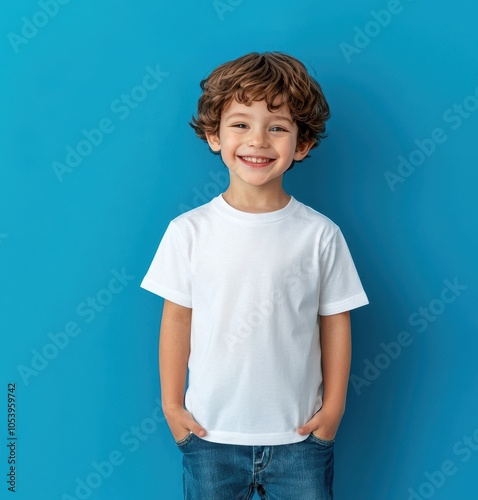 Happy child smiling against a vibrant blue background.