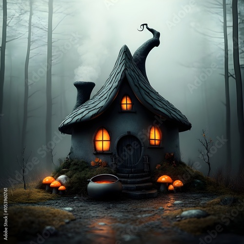 Enchanting witch s cottage nestled in a mystical forest at twilight with a bubbling cauldron and glowing mushrooms capturing the essence of magical realism and old world charm photo