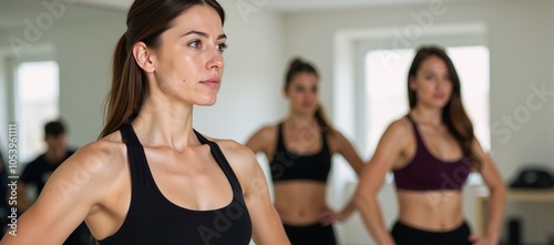 Female gymgoer in black sports bra brown hair looking away during fitness class close-up photo