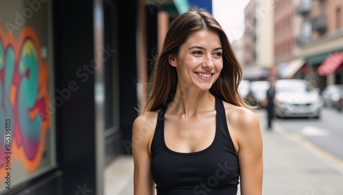 Smiling young woman in a black sports bra urban setting Free Download Smiling young woman in a black sports bra urban setting - GFXLoad