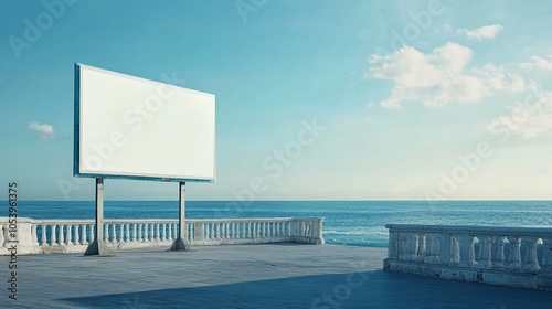 Blank billboard stands on a serene oceanfront promenade, inviting imagination against the backdrop of azure waters and sky, perfect for advertising or dreamy contemplation.