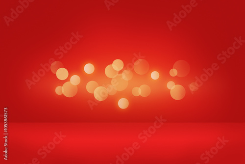 Red soft focus background with gold bokeh lights and sparkles. Abstract festive backdrop for product display, advertising or presentation