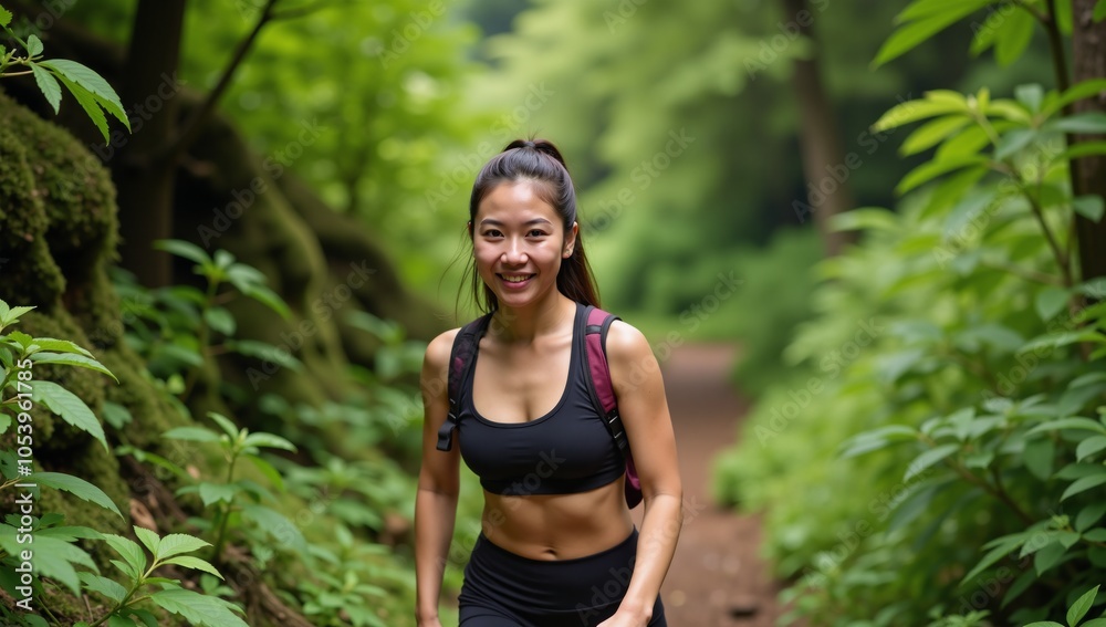 Asian woman doing outdoor workout in woods hiking Asian woman doing outdoor workout in woods hiking