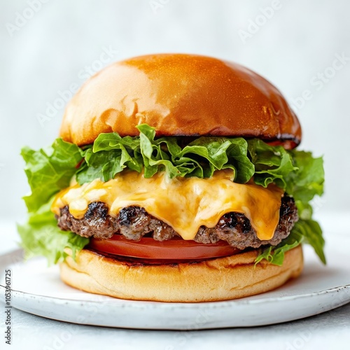 Smashed burger with gooey cheese on a brioche bun, topped with crispy lettuce and tomato, professional food styling