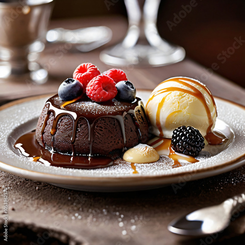 Decadent Chocolate Lava Cake with Vanilla Ice Cream and Fresh Berries