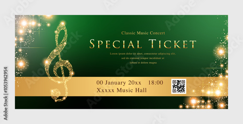 Shining treble clef and concert ticket
