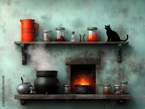An enchanted witch s workshop with bubbling cauldrons jars of mysterious ingredients a black cat perched on a shelf and a crackling fireplace photo
