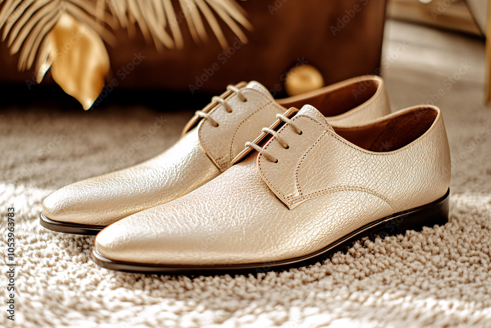 Naklejka premium gold leather shoes on white shag carpet