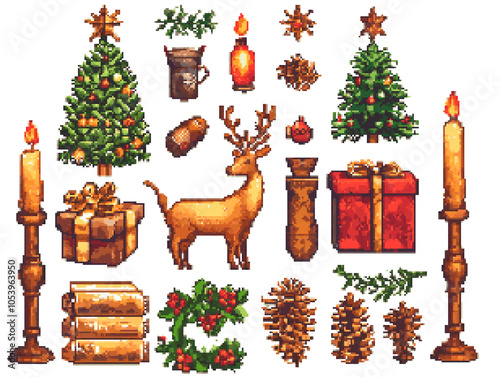 8bits pixel art, game assets of various fantasy colorful christmas decoration on transparent background photo