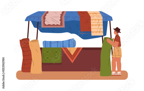 Vector illustration of an oriental market with carpets and a young male seller