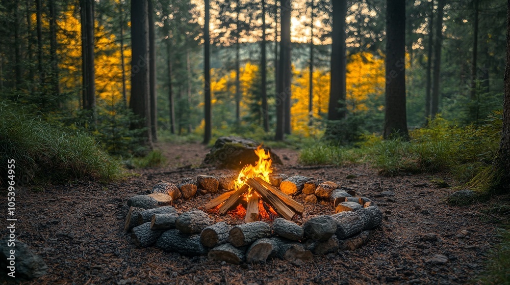 A serene campfire surrounded by trees in a tranquil forest setting. A serene campfire surrounded by trees in a tranquil forest setting.