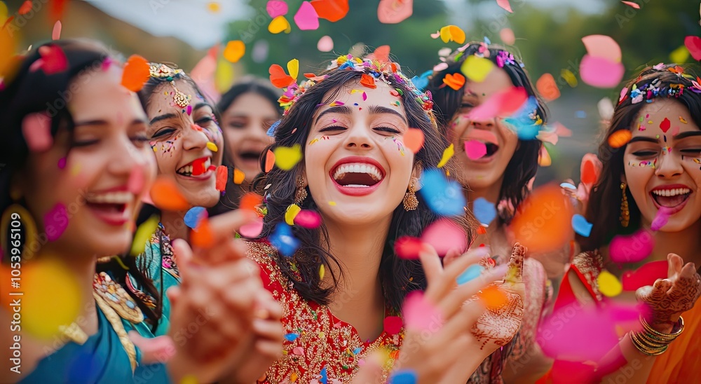 Obraz premium A group of women celebrating at an outdoor party, surrounded by colorful confetti and laughter.