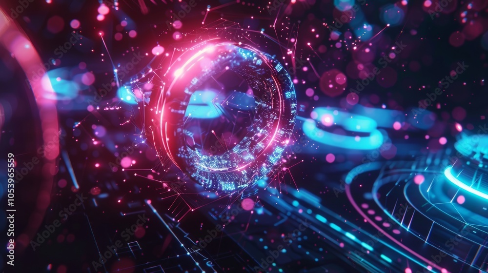 Obraz premium Complex digital environment with a futuristic rotating sphere emitting glowing particles, representing advanced technology, innovation, and the digital world