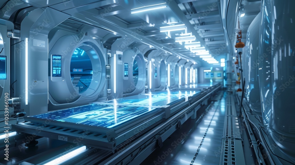 Obraz premium Futuristic Factory Interior with Conveyor Belt and Digital Displays
